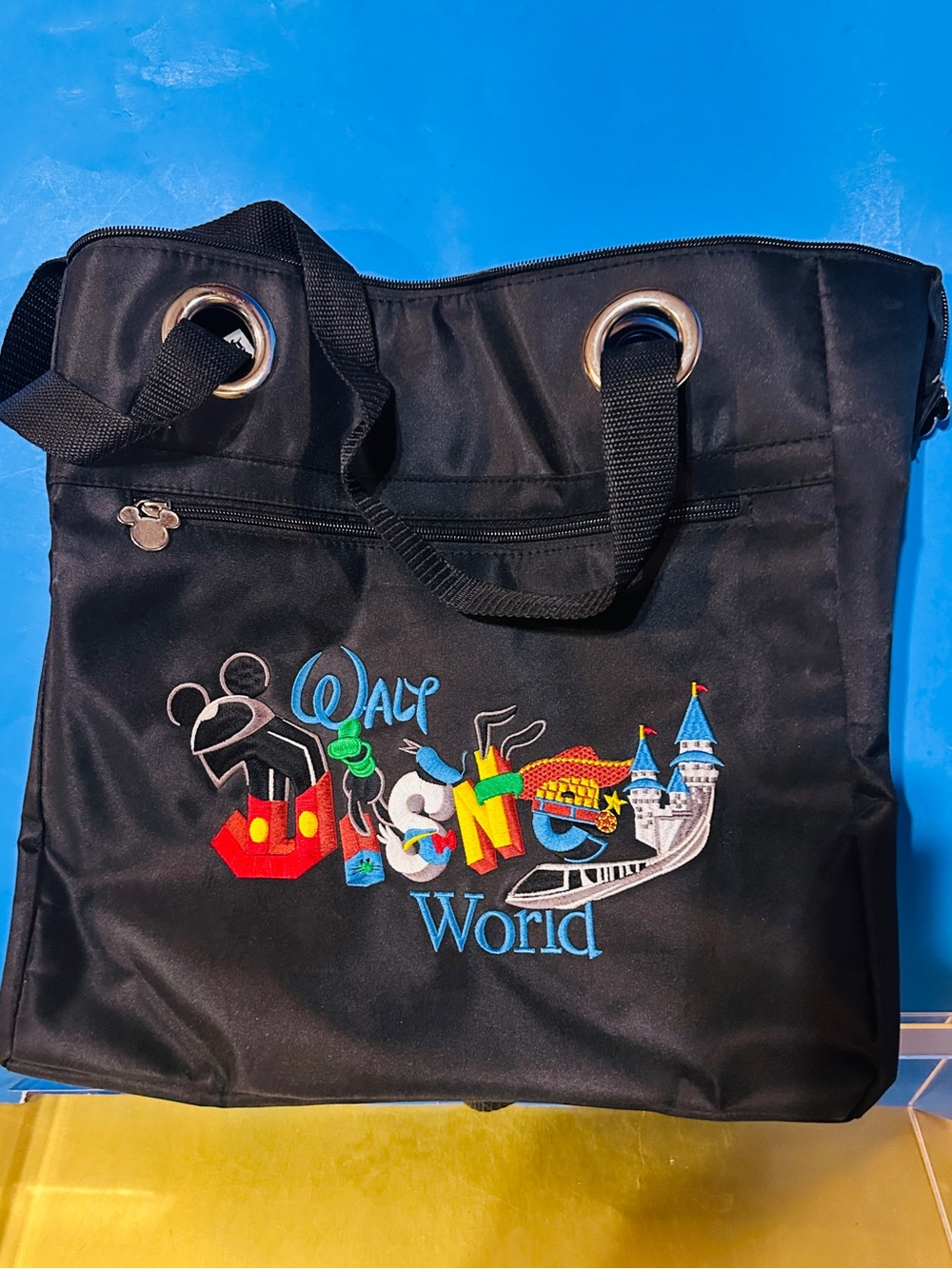 Disney Parks Walt Disney World Black Embroidered Zipper Tote Bag Mickey Castle